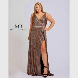 NEW Mac Duggal metallic copper embellished faux wrap gown Plus Size 18 W NWT